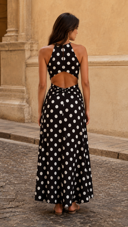🔥 BUT 2 GET 10% OFF 🔥 Polka Dot Halter Cutout Twist Waist Maxi Dress
