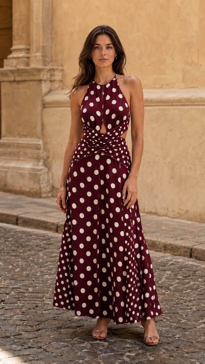 🔥 BUT 2 GET 10% OFF 🔥 Polka Dot Halter Cutout Twist Waist Maxi Dress