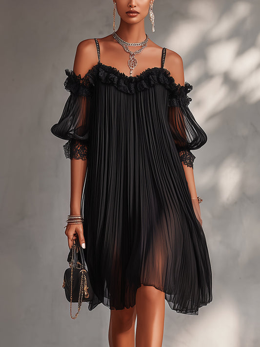 🔥 BUT 2 GET 10% OFF 🔥 Vittoria | Black Chiffon Off-the-Shoulder Mini Dress with Lace Trim