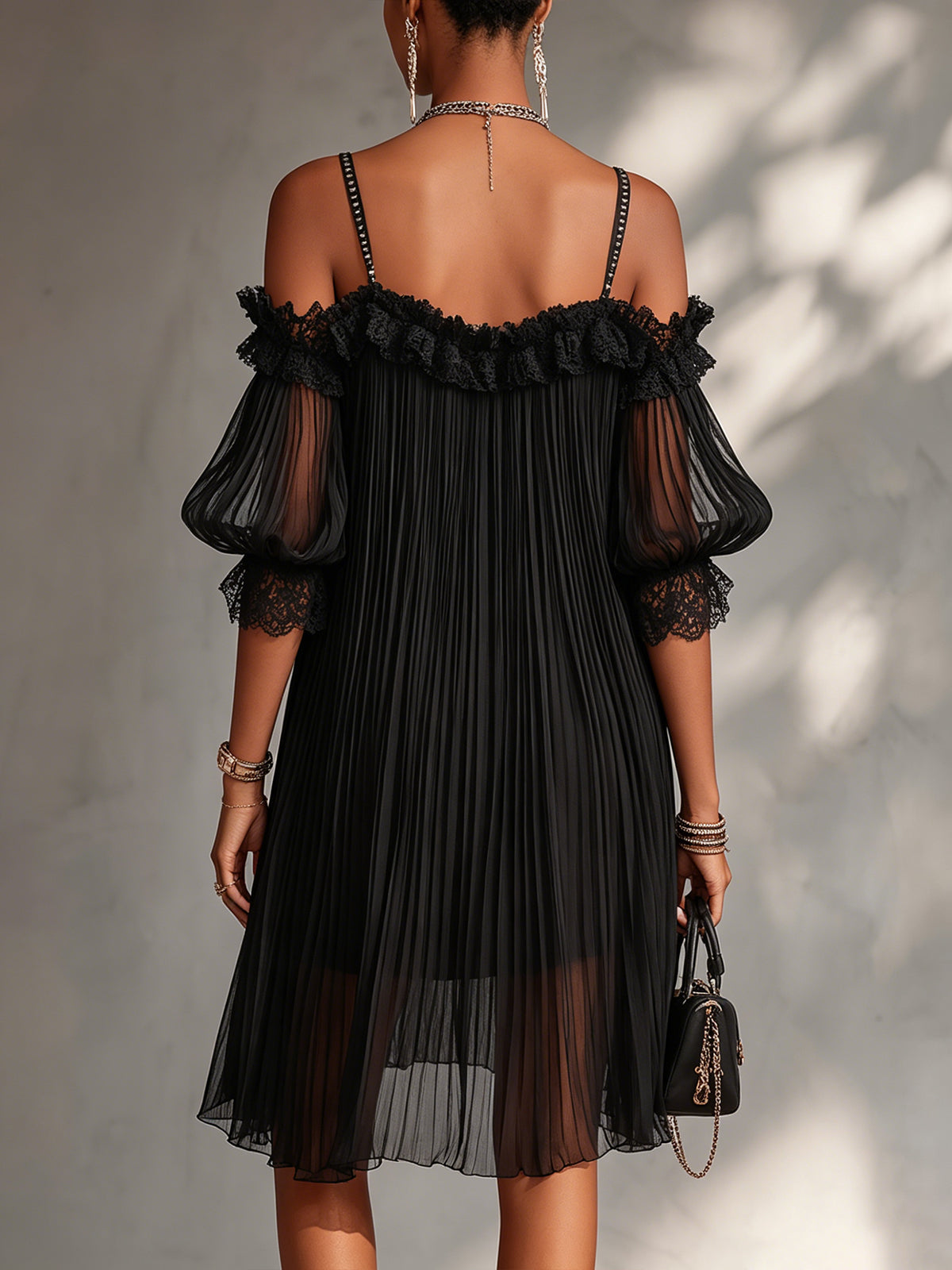 🔥 BUT 2 GET 10% OFF 🔥 Vittoria | Black Chiffon Off-the-Shoulder Mini Dress with Lace Trim