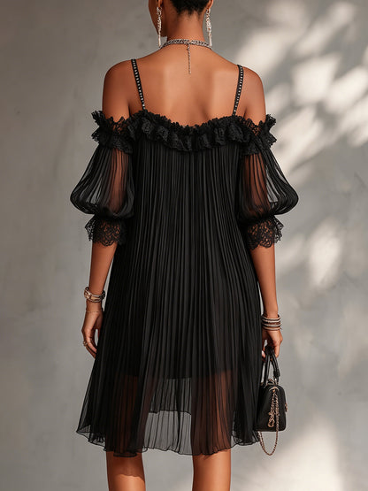 🔥 BUT 2 GET 10% OFF 🔥 Vittoria | Black Chiffon Off-the-Shoulder Mini Dress with Lace Trim