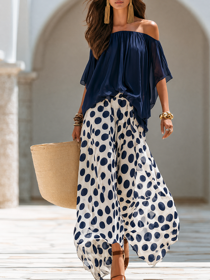 🔥 BUT 2 GET 10% OFF 🔥  Strandvakantie-set met top met korte mouwen en een wijde broek met stippen van chiffon