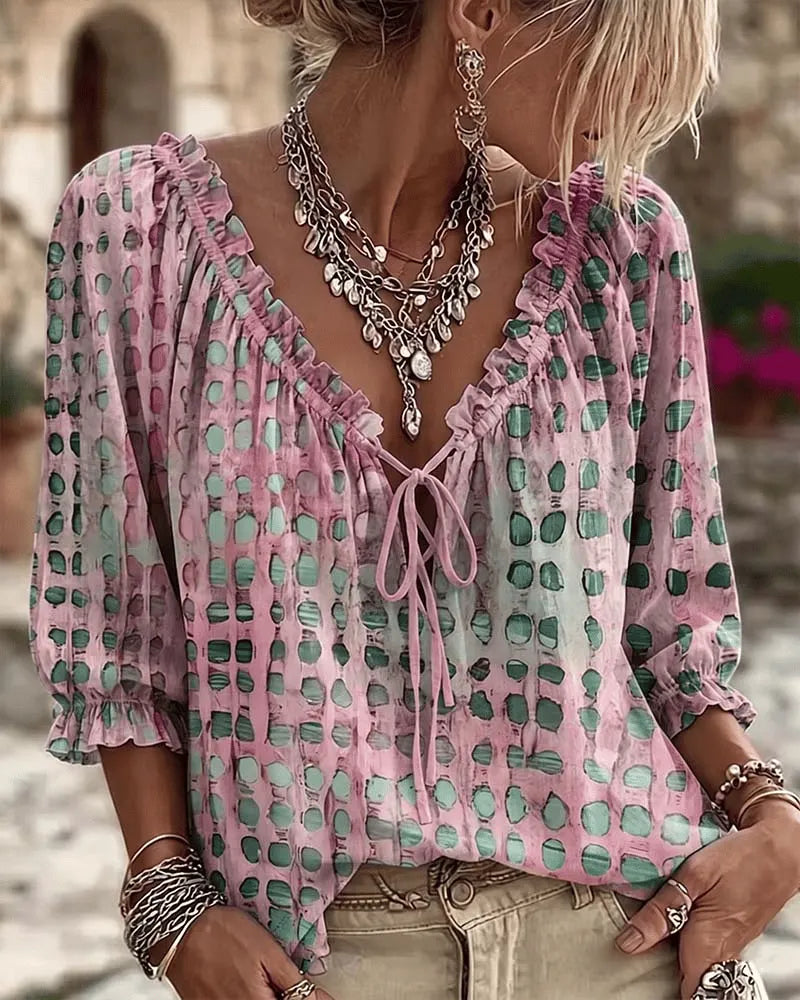🔥 BUT 2 GET 10% OFF 🔥 Women’s Polka Dot Blouse with V-Neck, 3/4 Sleeves & Tie Detail