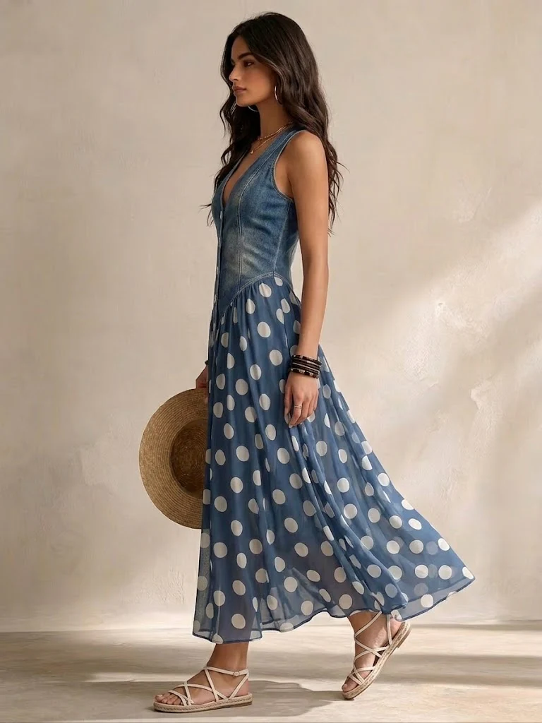 🔥 BUT 2 GET 10% OFF 🔥 Sienna Retro Maxi Dress – Elegant Denim-Inspired Bodice with Polka Dot Chiffon Skirt & Button Detail
