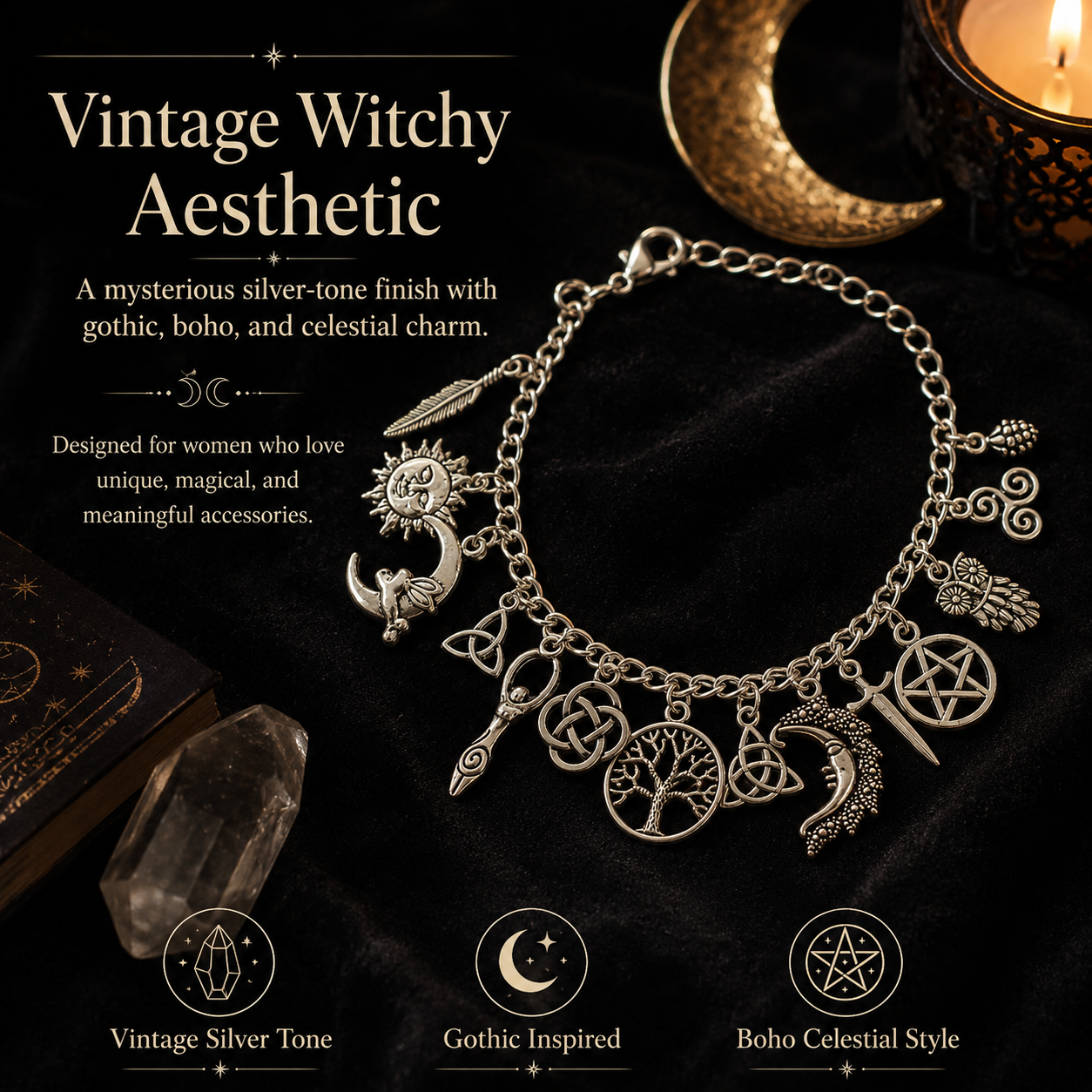 🔥 BUT 2 GET 10% 🔥 Vintage Witchy Charm Bracelet | Celestial Gothic Boho Jewelry for Women