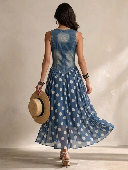 🔥 BUT 2 GET 10% OFF 🔥 Sienna Retro Maxi Dress – Elegant Denim-Inspired Bodice with Polka Dot Chiffon Skirt & Button Detail
