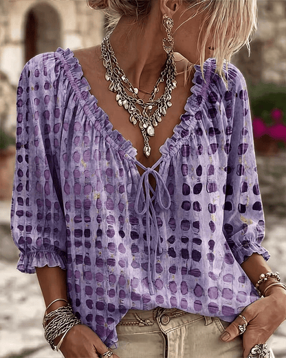 🔥 BUT 2 GET 10% OFF 🔥 Women’s Polka Dot Blouse with V-Neck, 3/4 Sleeves & Tie Detail