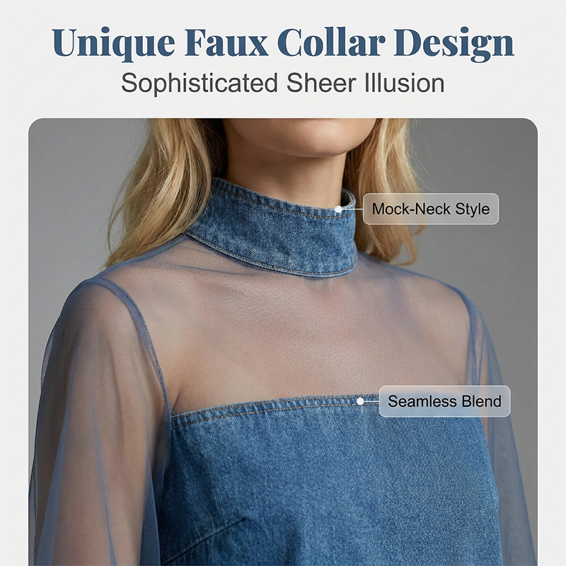 🔥 BUT 2 GET 10% OFF 🔥  💙Lantern Sleeve Faux Collar Denim Skirt – Sheer, Chic & Stunning ✨