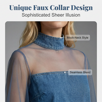 🔥 BUT 2 GET 10% OFF 🔥  💙Lantern Sleeve Faux Collar Denim Skirt – Sheer, Chic & Stunning ✨