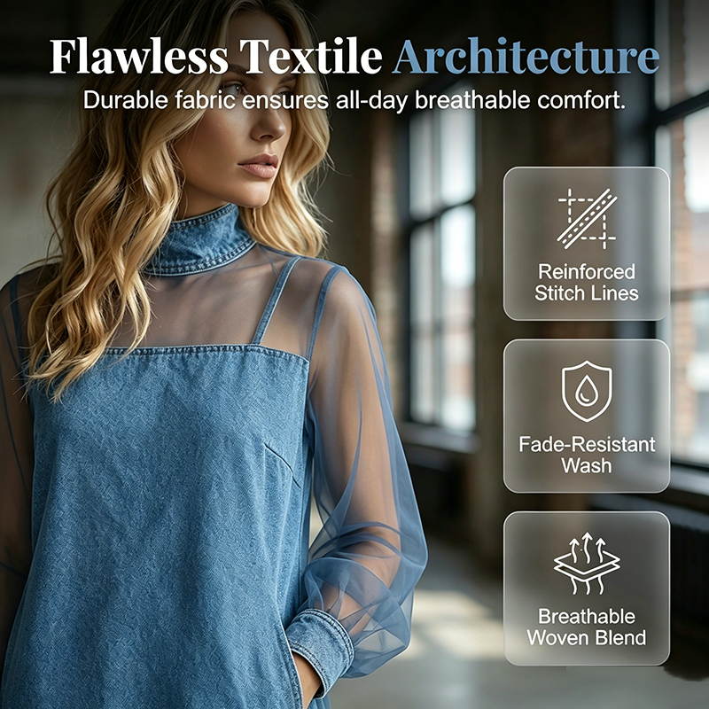🔥 BUT 2 GET 10% OFF 🔥  💙Lantern Sleeve Faux Collar Denim Skirt – Sheer, Chic & Stunning ✨