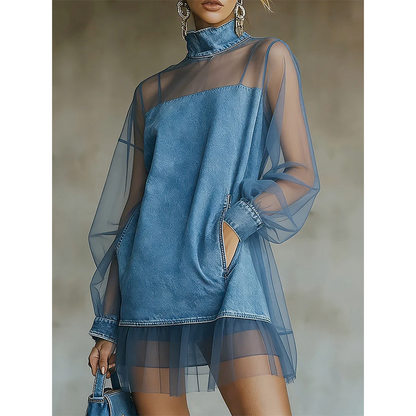 🔥 BUT 2 GET 10% OFF 🔥  💙Lantern Sleeve Faux Collar Denim Skirt – Sheer, Chic & Stunning ✨
